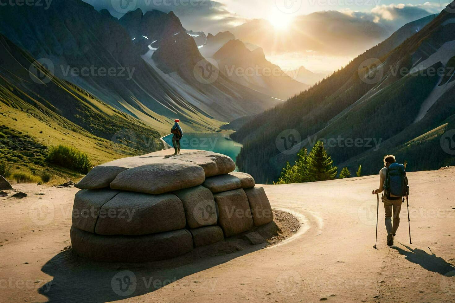 dos personas estar en un rock en el montañas. generado por ai foto