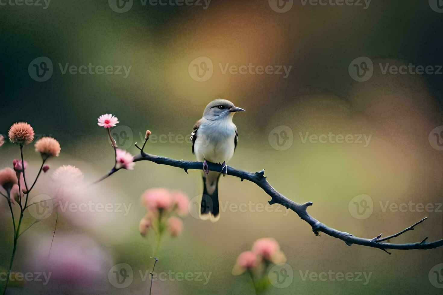 a bird sits on a branch in front of pink flowers. AI-Generated photo