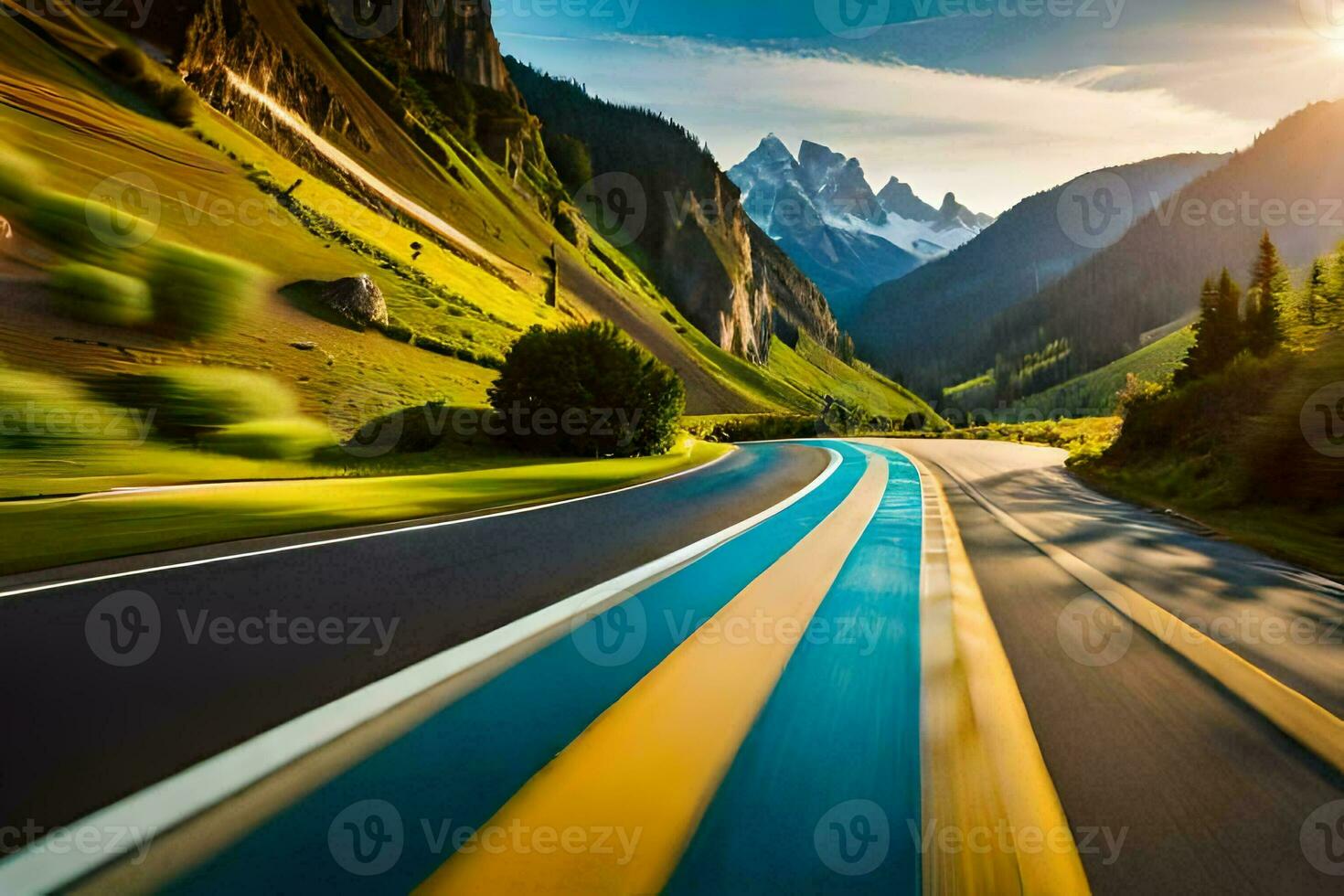a road in the mountains with a blue and yellow line. AI-Generated photo