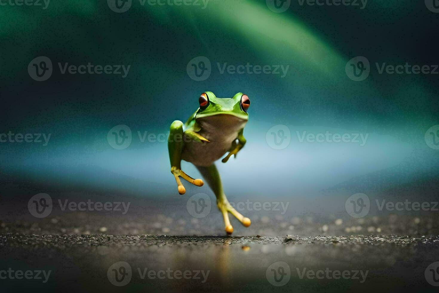 a frog jumping on the ground. AI-Generated photo