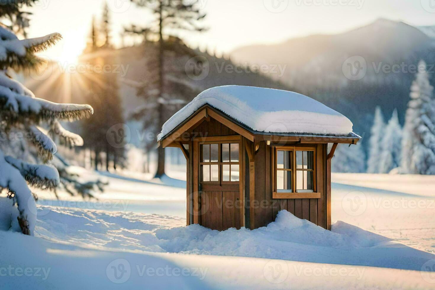 un pequeño de madera anexo se sienta en el medio de un Nevado campo. generado por ai foto