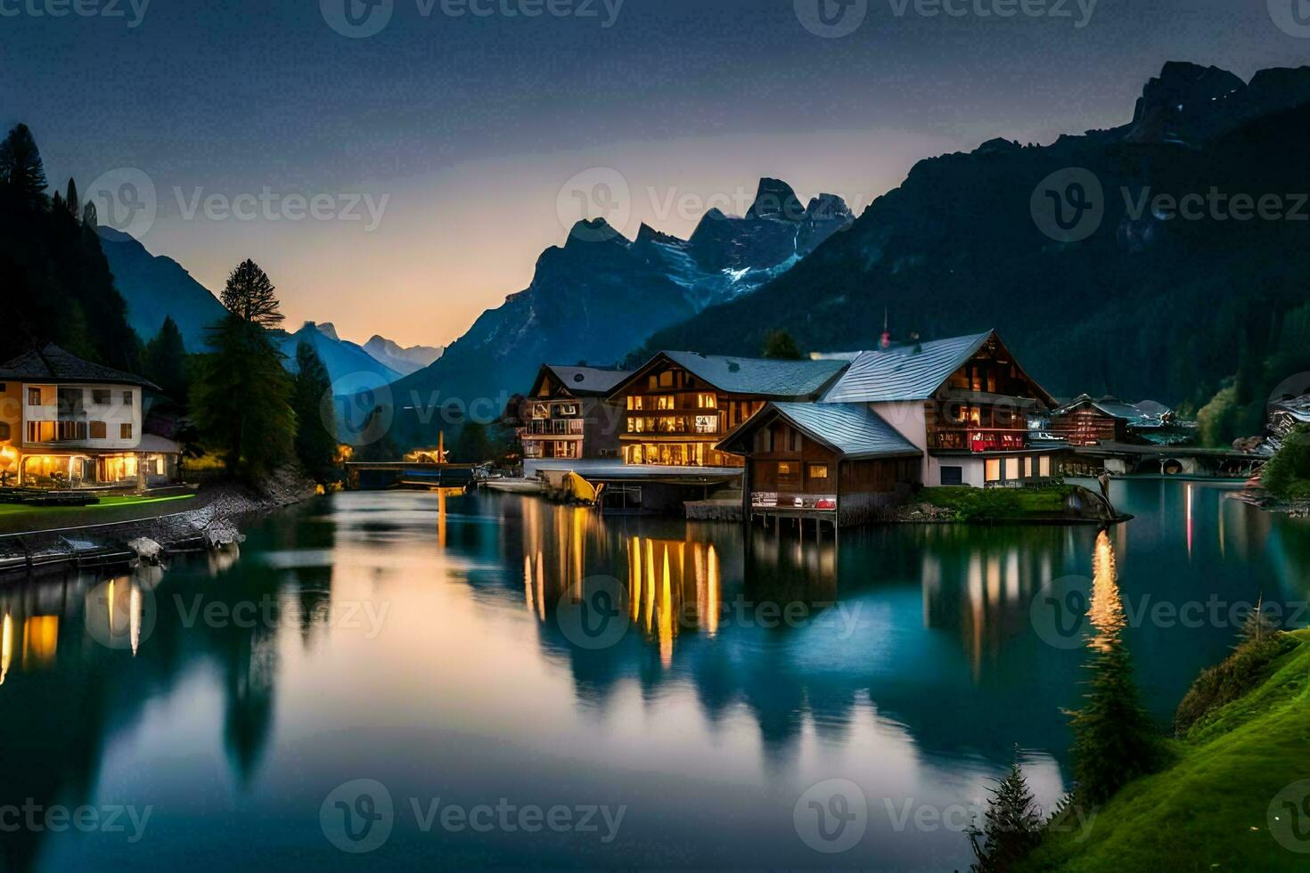 photo wallpaper the sky, mountains, lake, house, the night, the mountains, the lake. AI-Generated