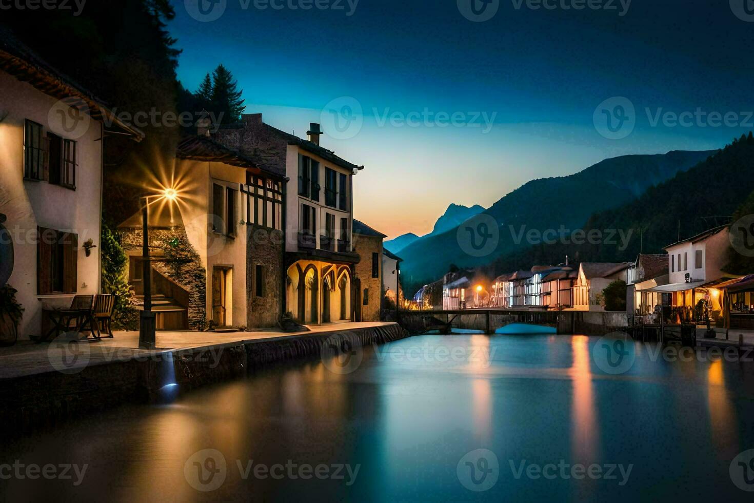 un río carreras mediante un pueblo a noche. generado por ai foto