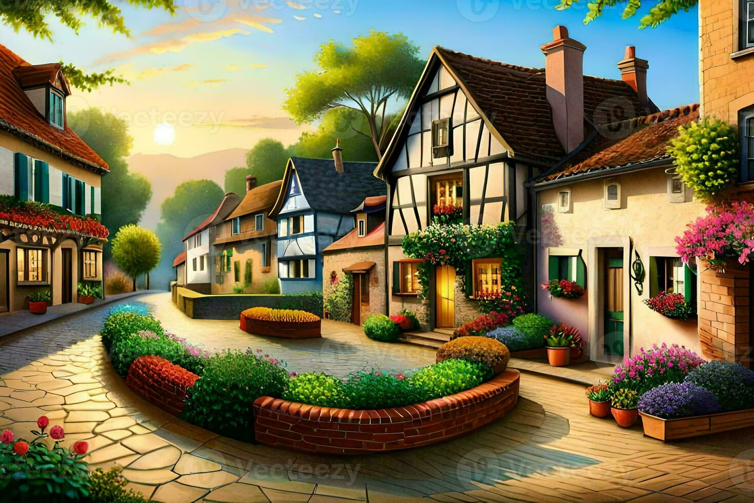 a painting of a street in the village. AI-Generated photo