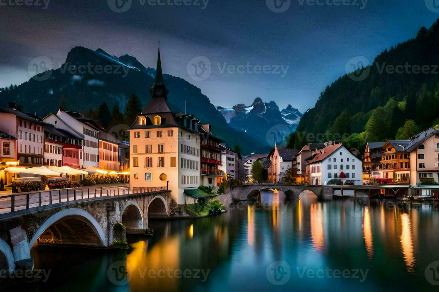 el pueblo de Hallstatt en el Alpes a noche. generado por ai foto