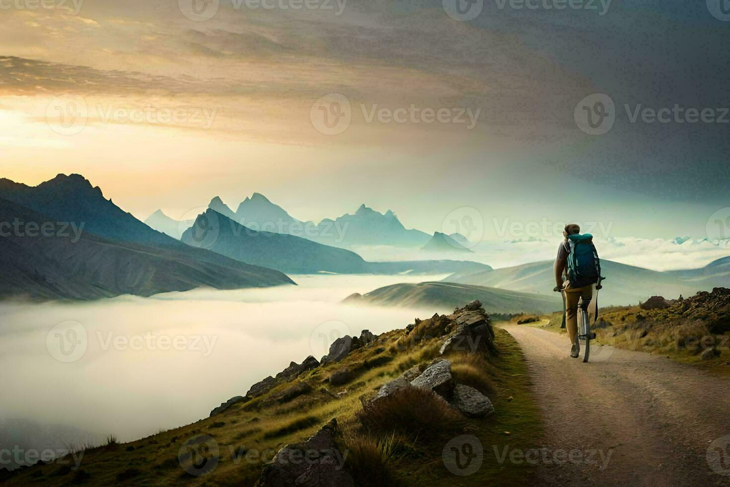 a person walking on a road in the mountains. AI-Generated photo