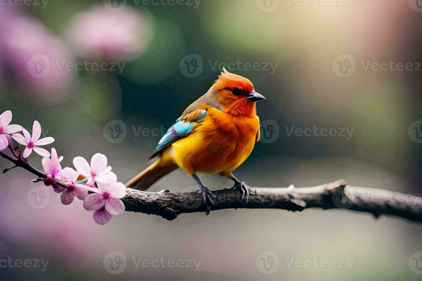 un vistoso pájaro se sienta en un rama con rosado flores generado por ai foto