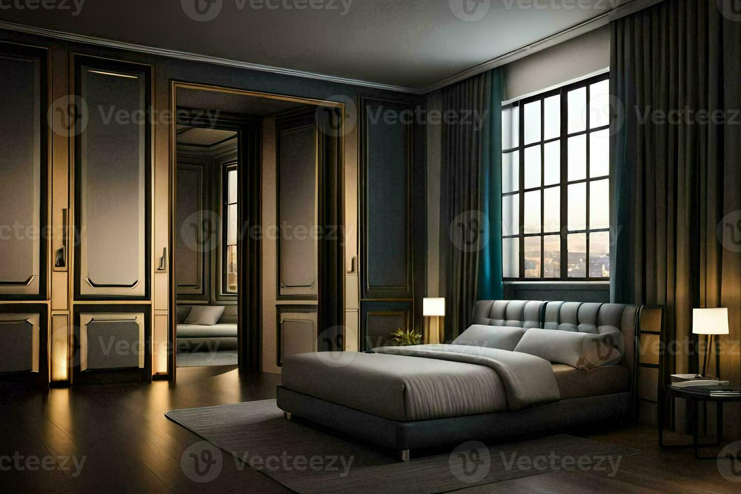 a bedroom with a bed and a window. AI-Generated photo