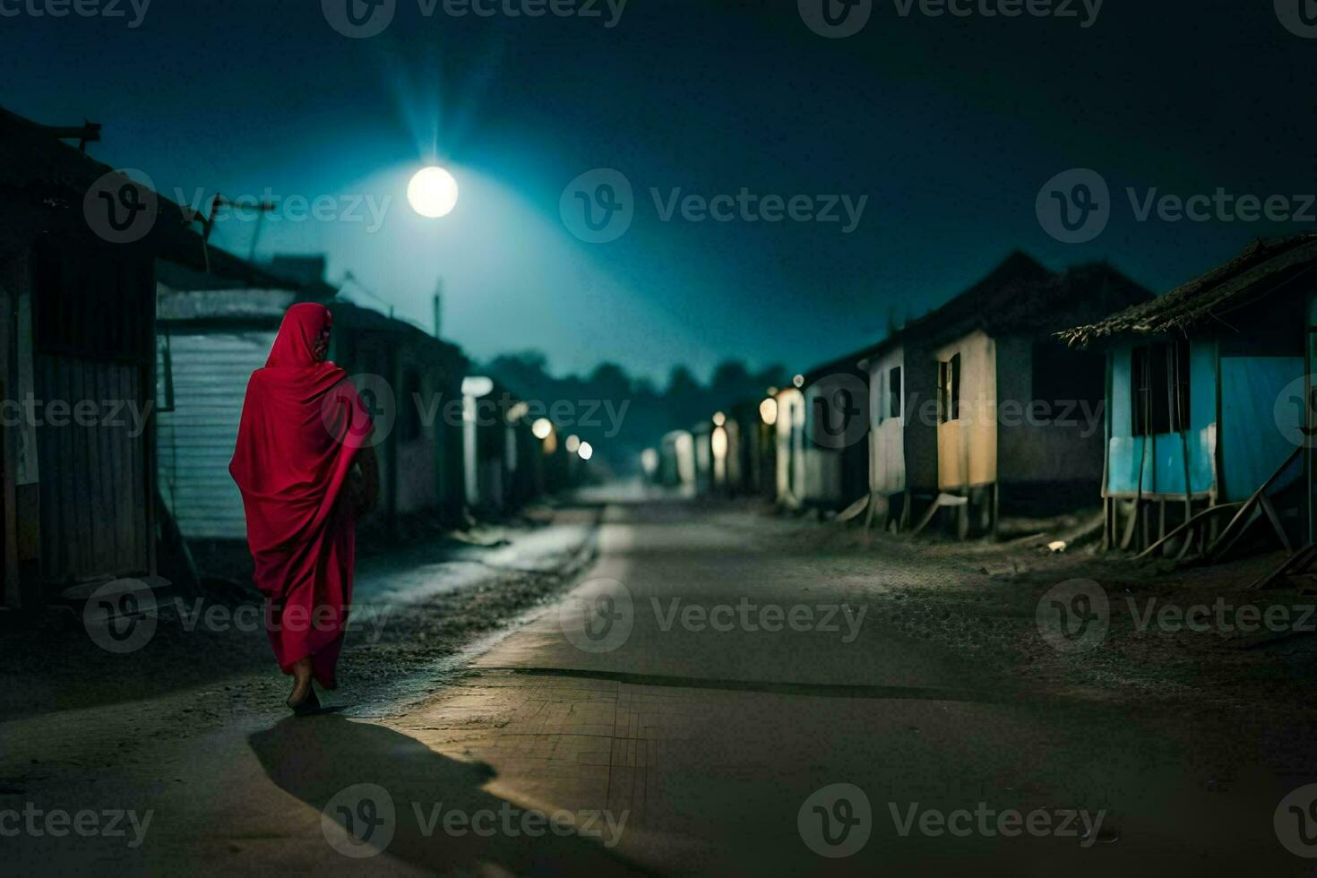 a woman in a red robe walks down a street at night. AI-Generated photo