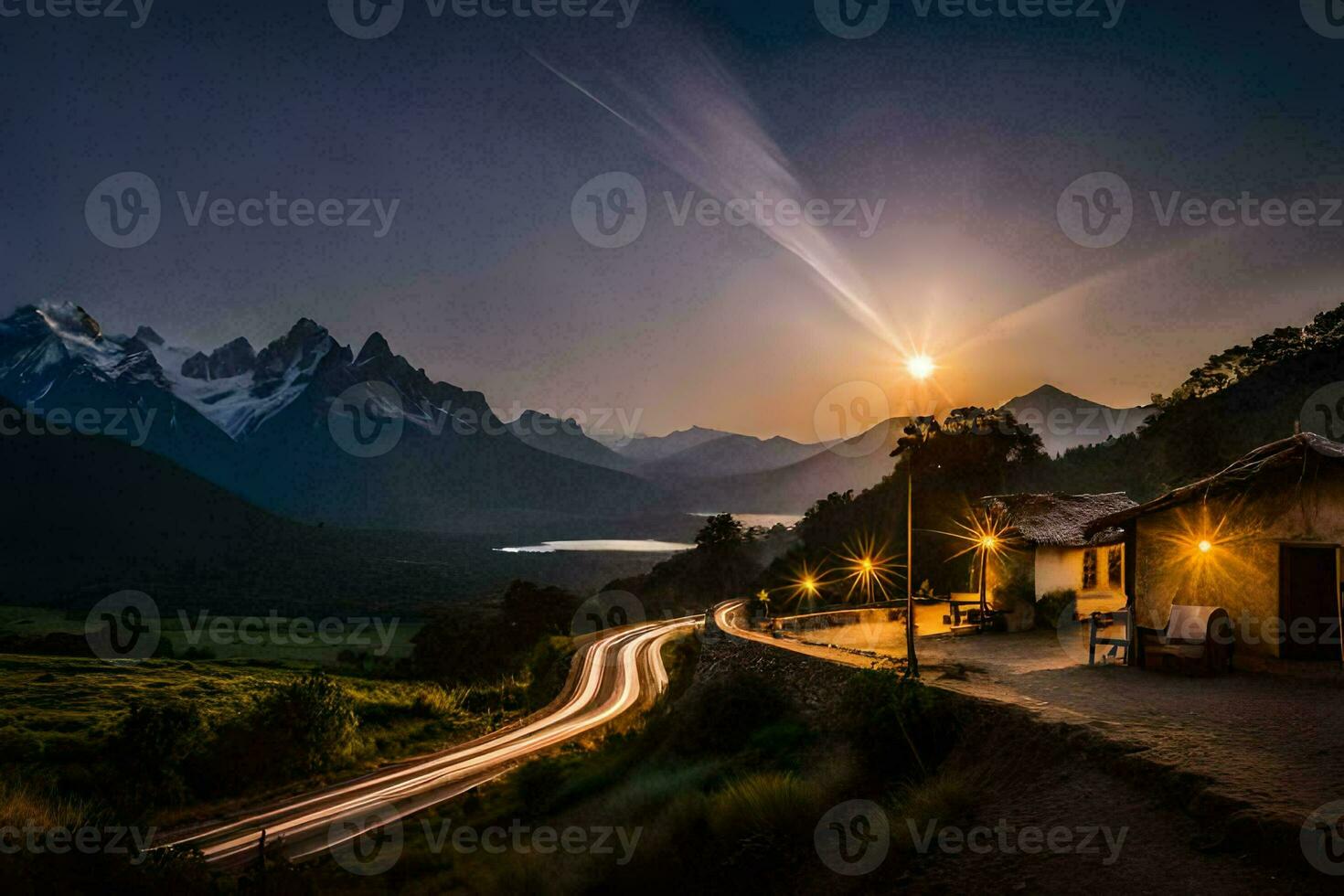 the sun sets over a mountain range and a road. AI-Generated photo