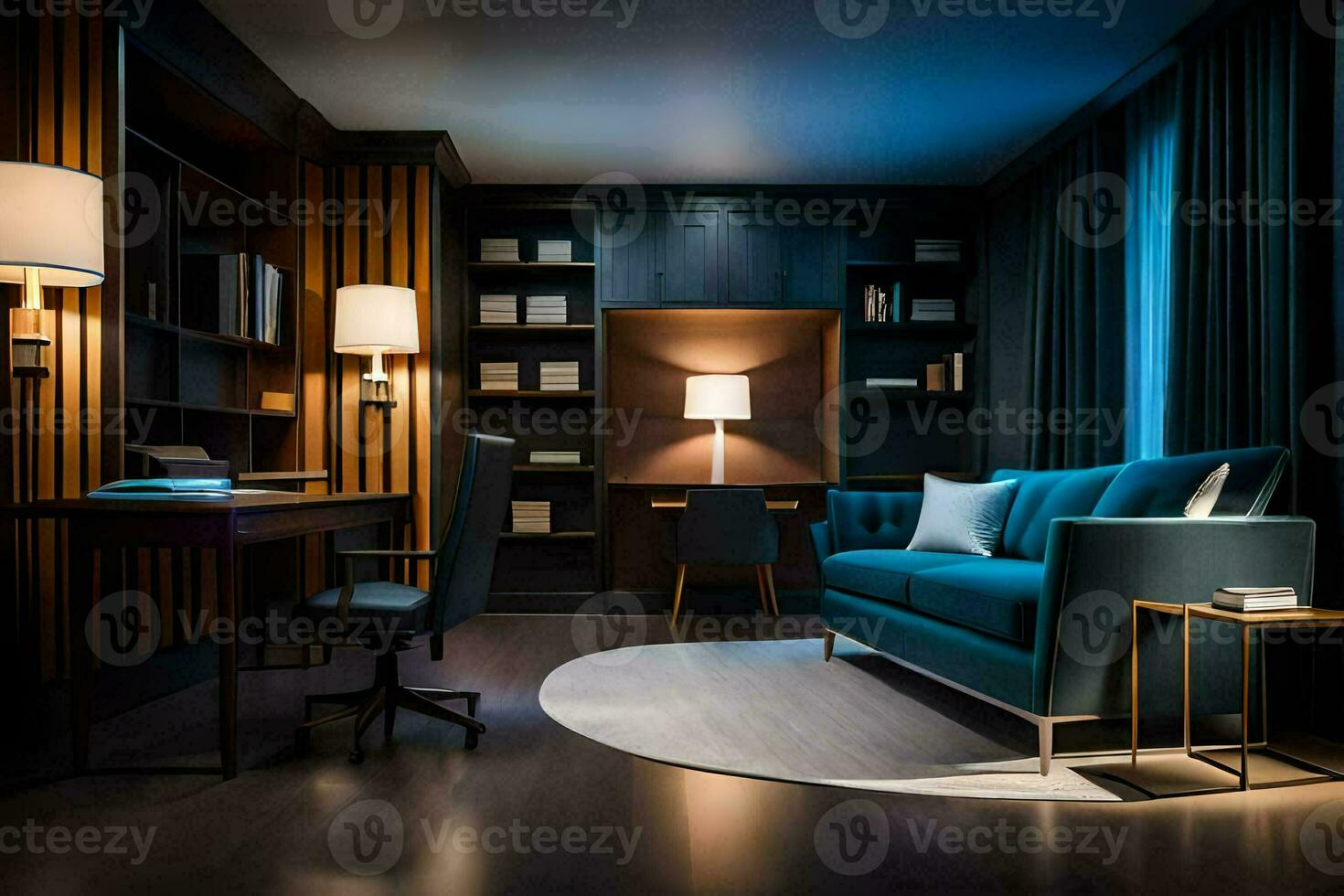 a hotel room with a blue couch and a desk. AI-Generated photo