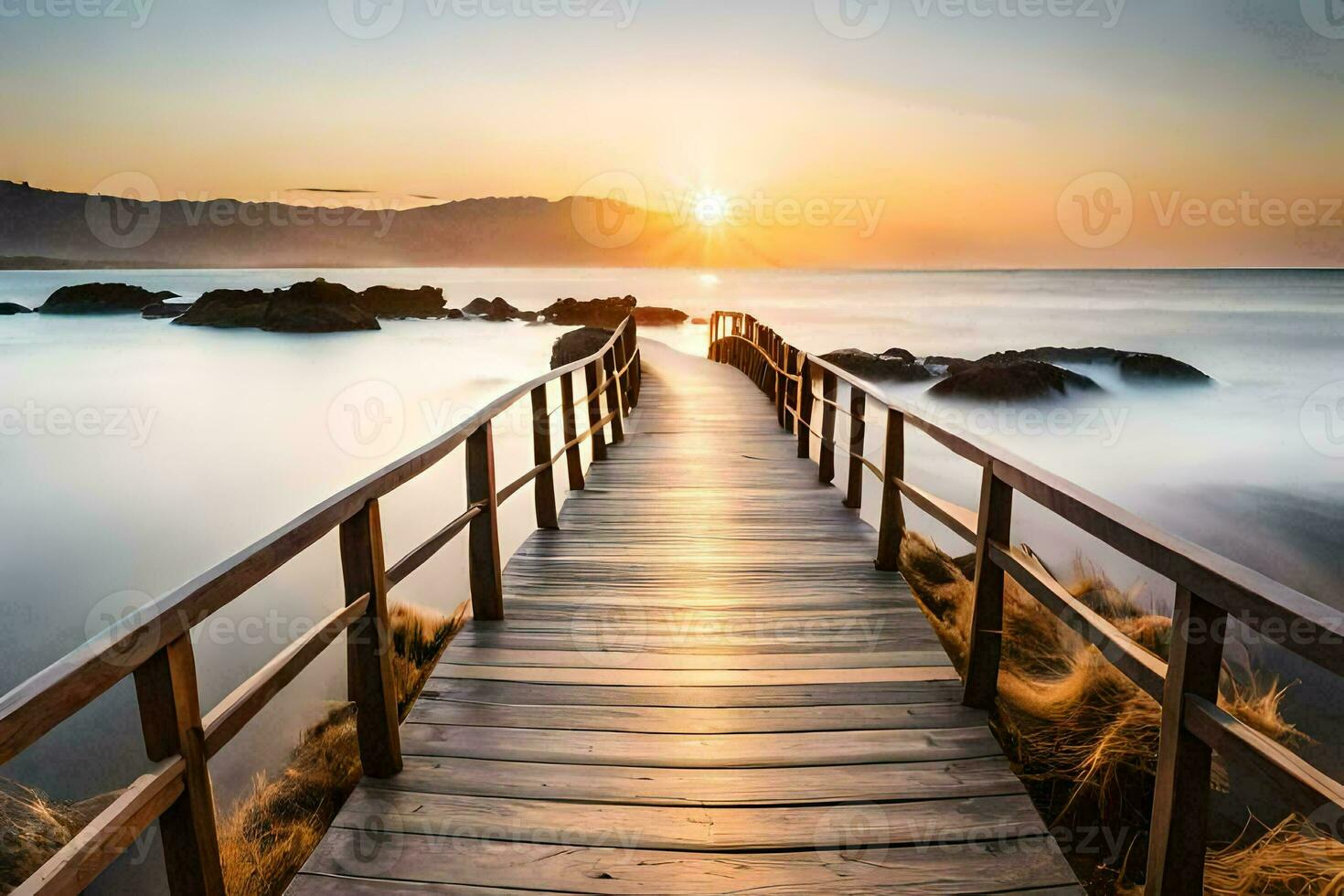 a wooden boardwalk leads to the ocean at sunset. AI-Generated photo