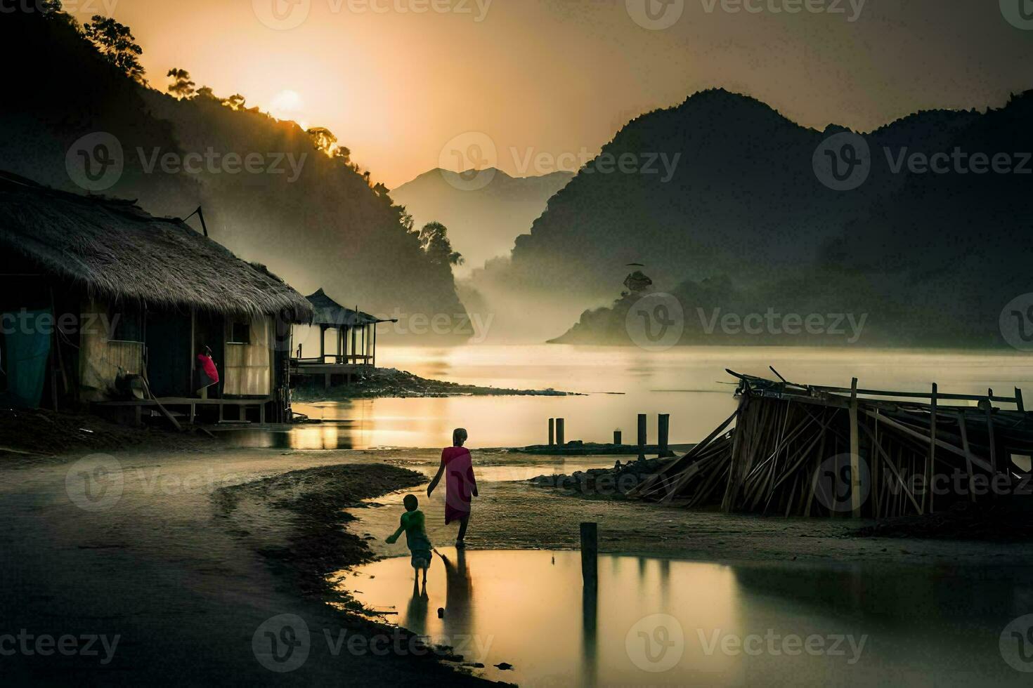 un mujer y niño caminando a lo largo el apuntalar de un río a amanecer. generado por ai foto