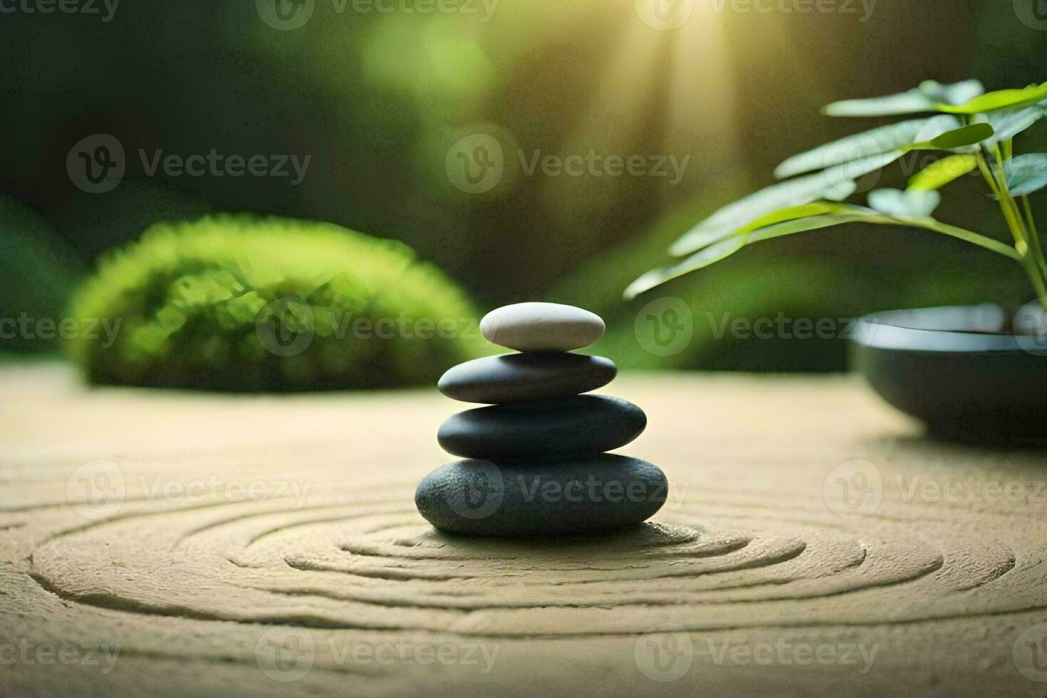 a stack of stones on a wooden table. AI-Generated photo