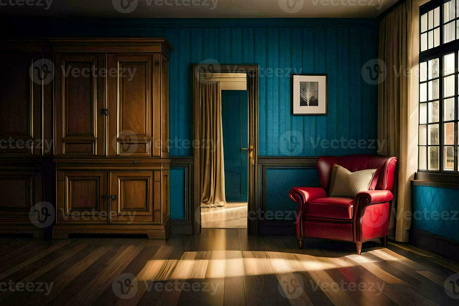 a room with blue walls and a red chair. AI-Generated photo