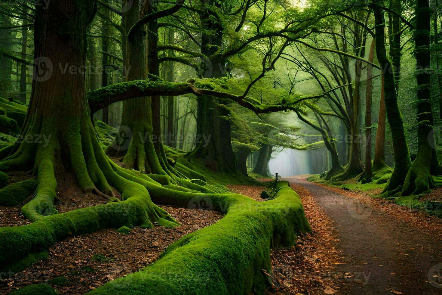 a path through a green forest with mossy trees. AI-Generated photo