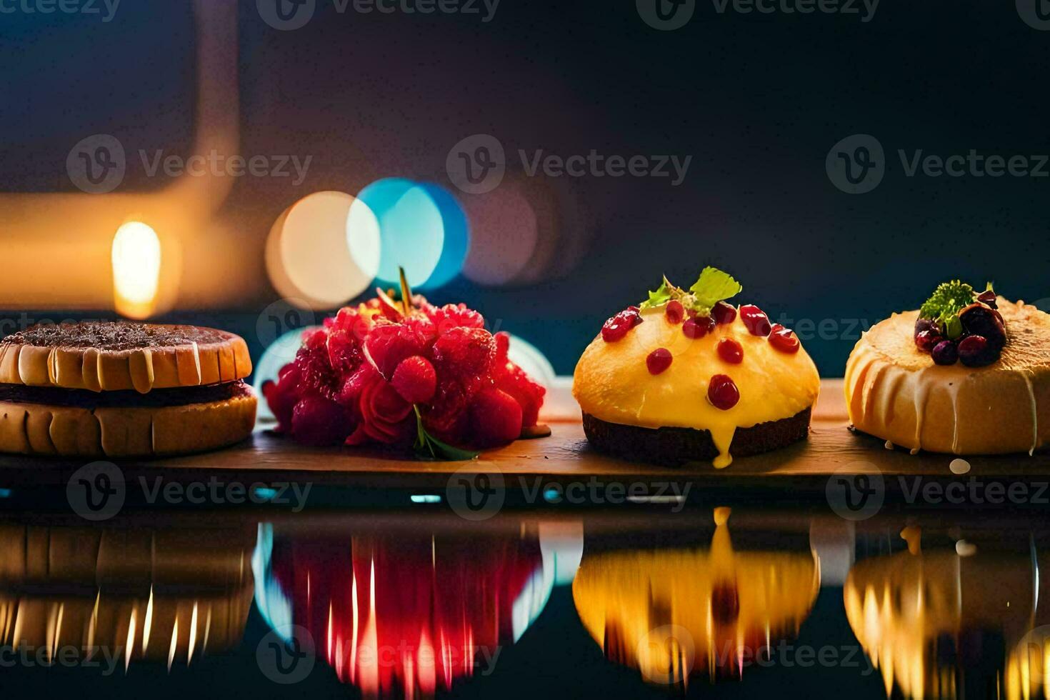 four different types of desserts on a wooden tray. AI-Generated photo