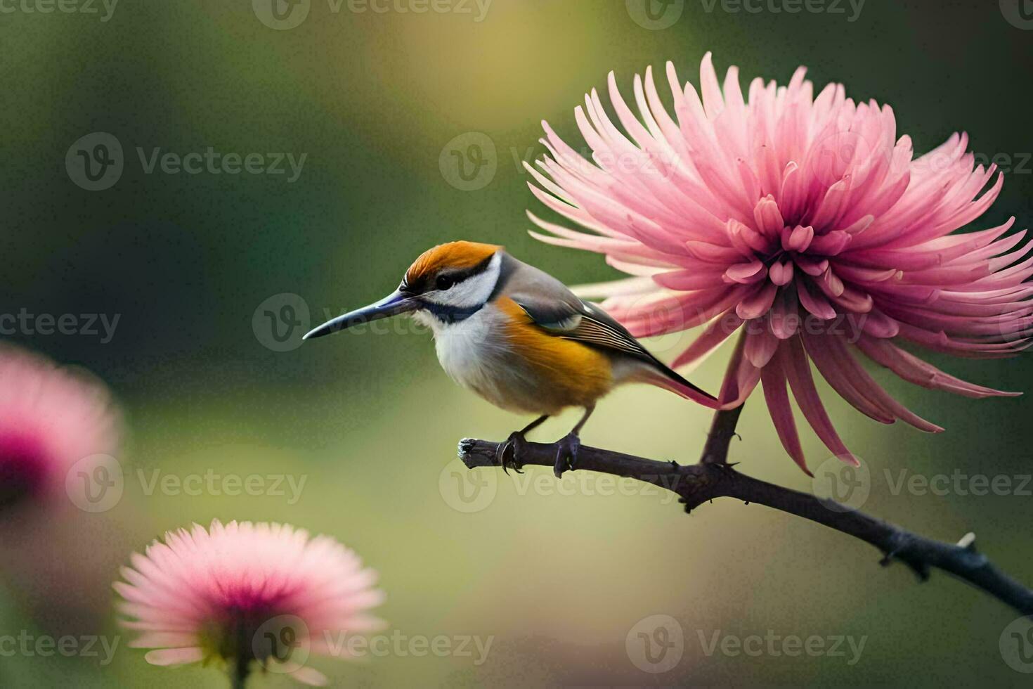 a bird sits on a branch with pink flowers. AI-Generated photo