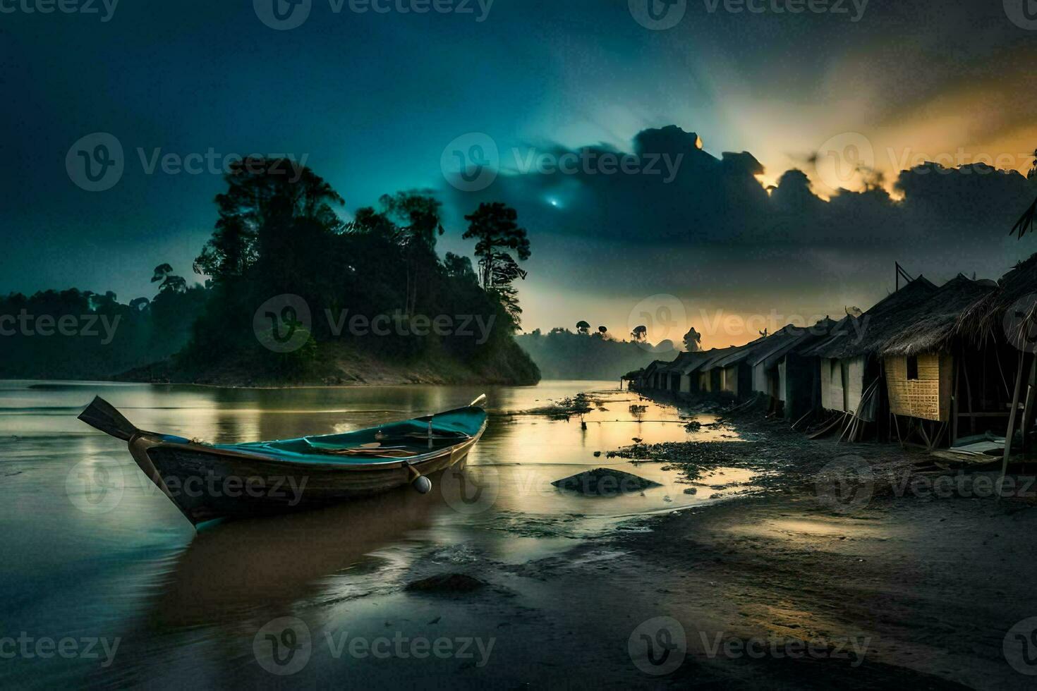 the boat is on the river bank. AI-Generated photo