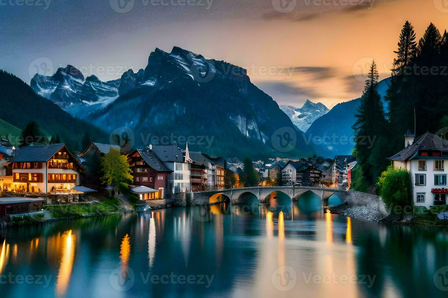 photo wallpaper the sky, mountains, river, switzerland, town, switzerland, the city. AI-Generated