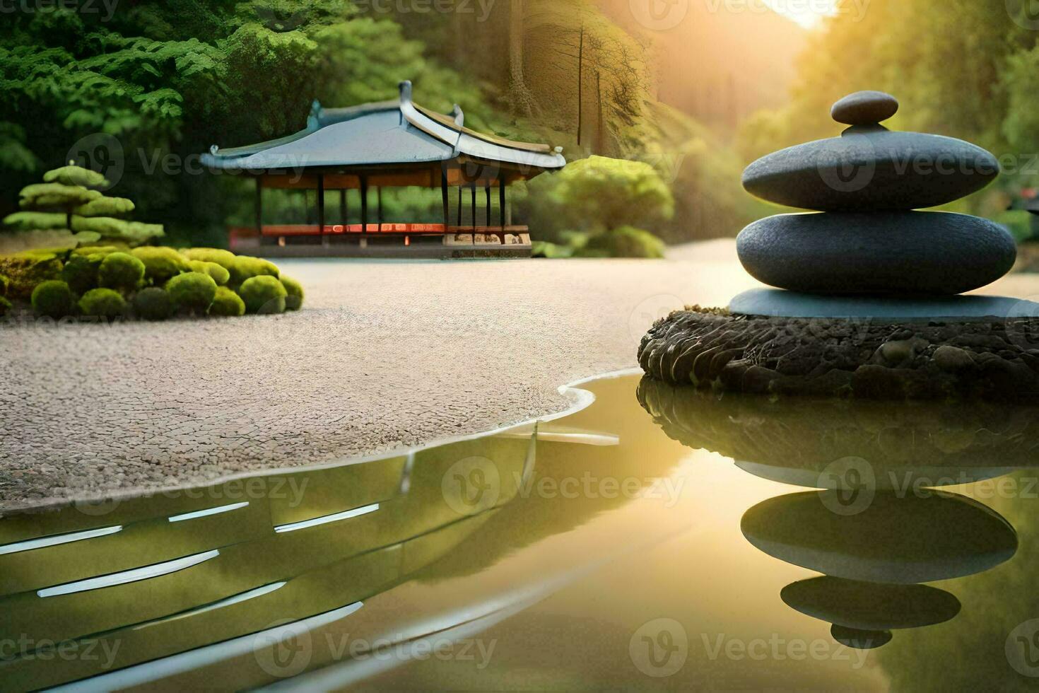 a japanese garden with a pond and rocks. AI-Generated photo