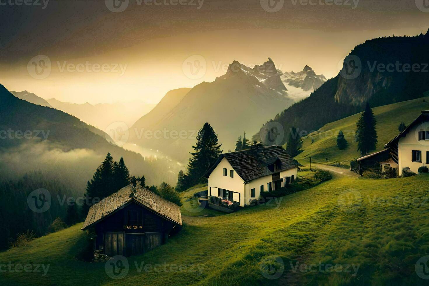 photo wallpaper the sky, mountains, house, the mountains, the house, the mountains, the. AI-Generated