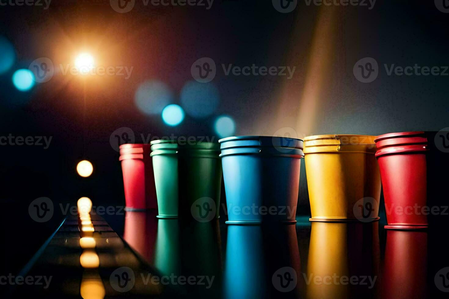 colorful plastic cups lined up on a table. AI-Generated photo