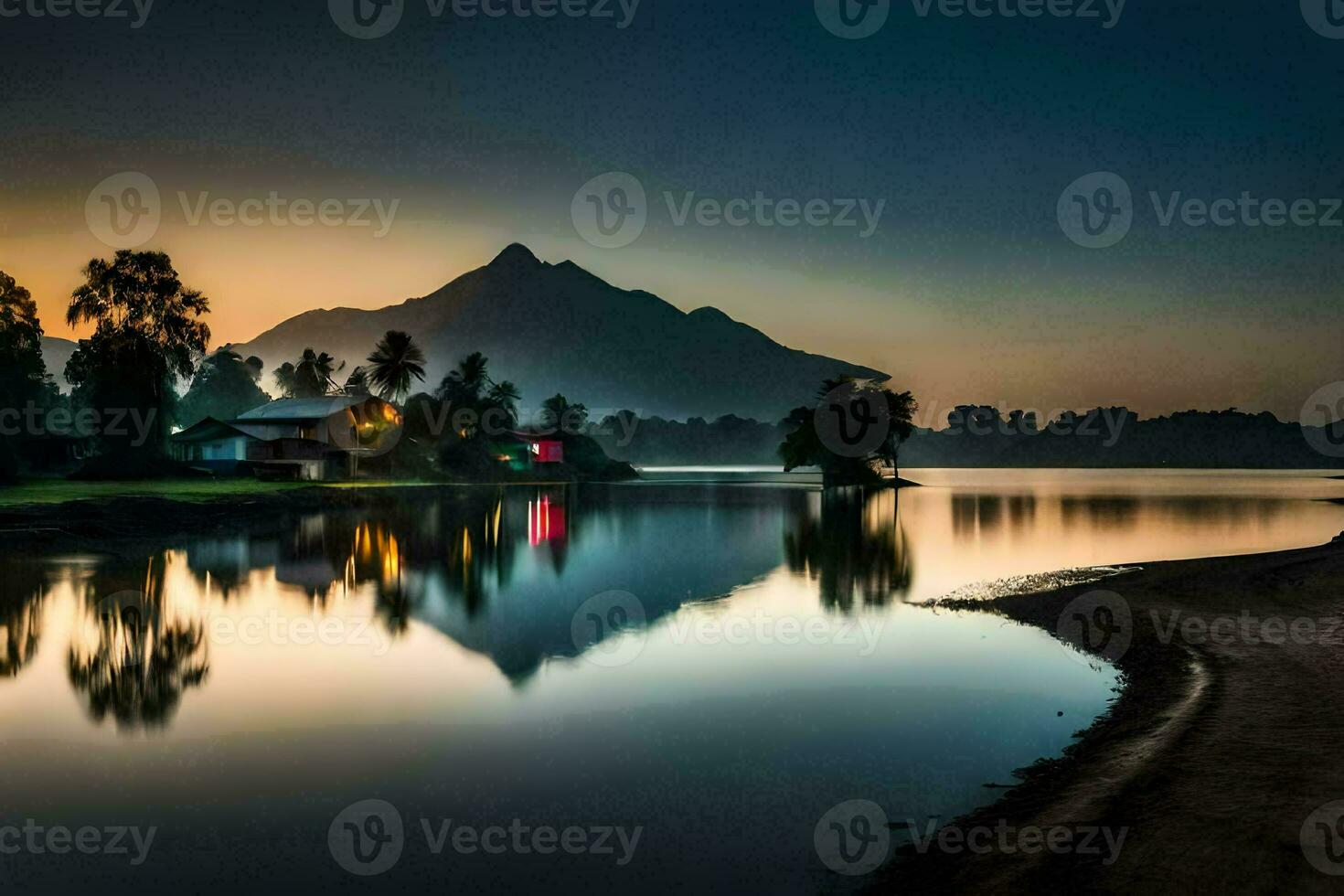 a lake and mountains at sunset. AI-Generated photo