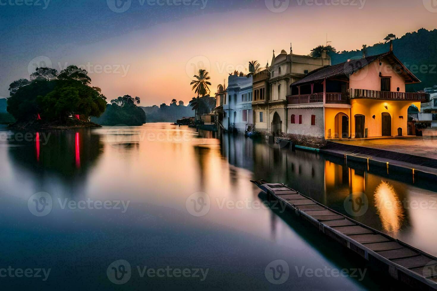 un río en el medio de un pueblo a puesta de sol. generado por ai foto