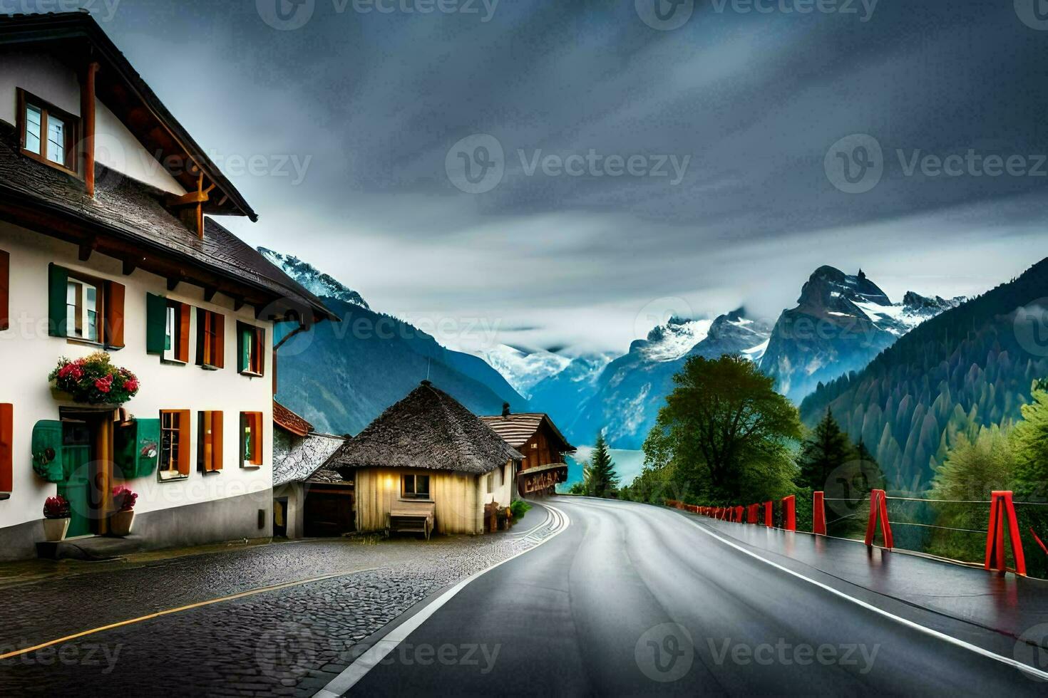 a road in the mountains with a house and mountains in the background. AI-Generated photo