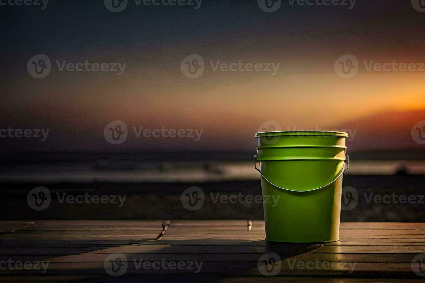 a green bucket sitting on a wooden table in front of the ocean. AI-Generated photo