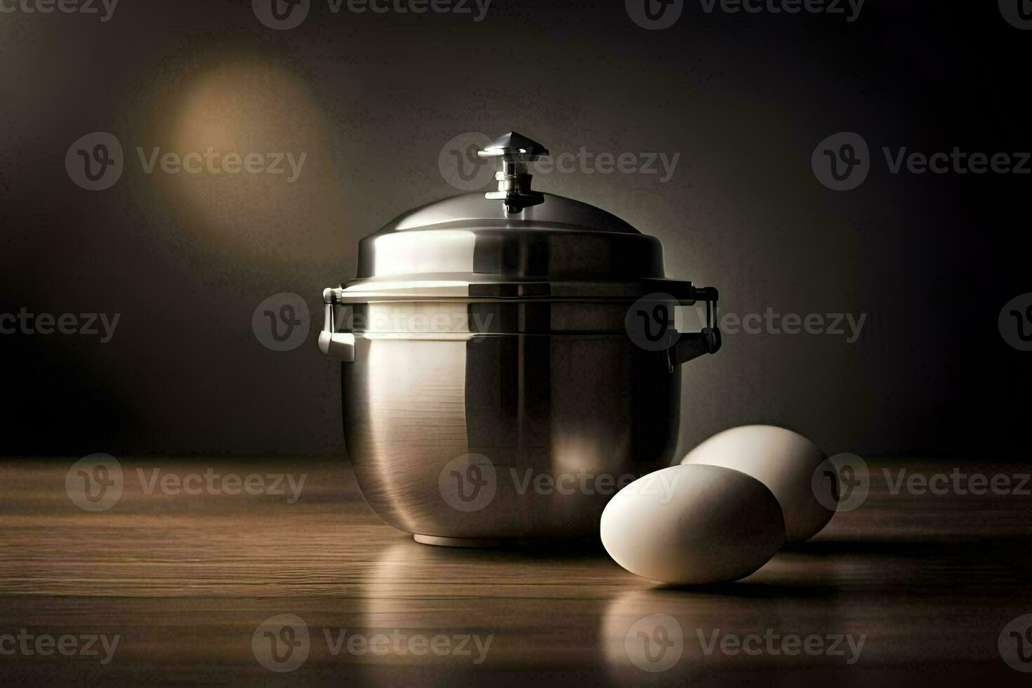 a silver canister with two eggs on a wooden table. AI-Generated photo