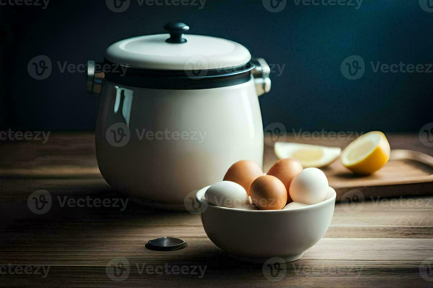a white pot with eggs and a lemon on a table. AI-Generated photo