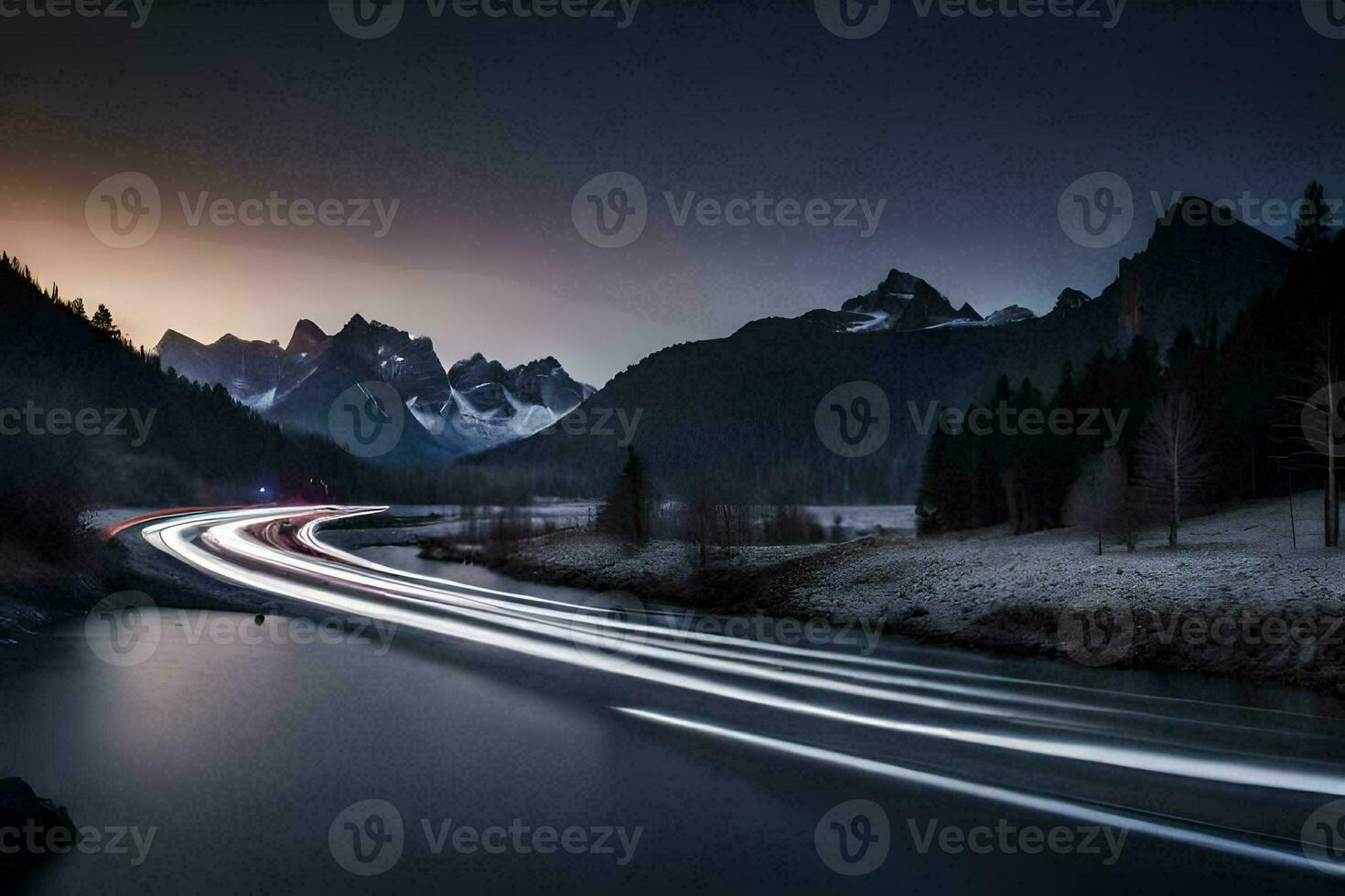a long exposure photograph of a river and mountains. AI-Generated photo