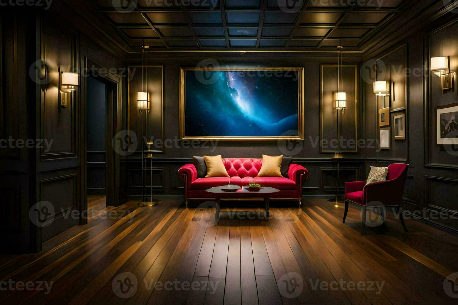 a red couch sits in a room with dark wood floors. AI-Generated photo