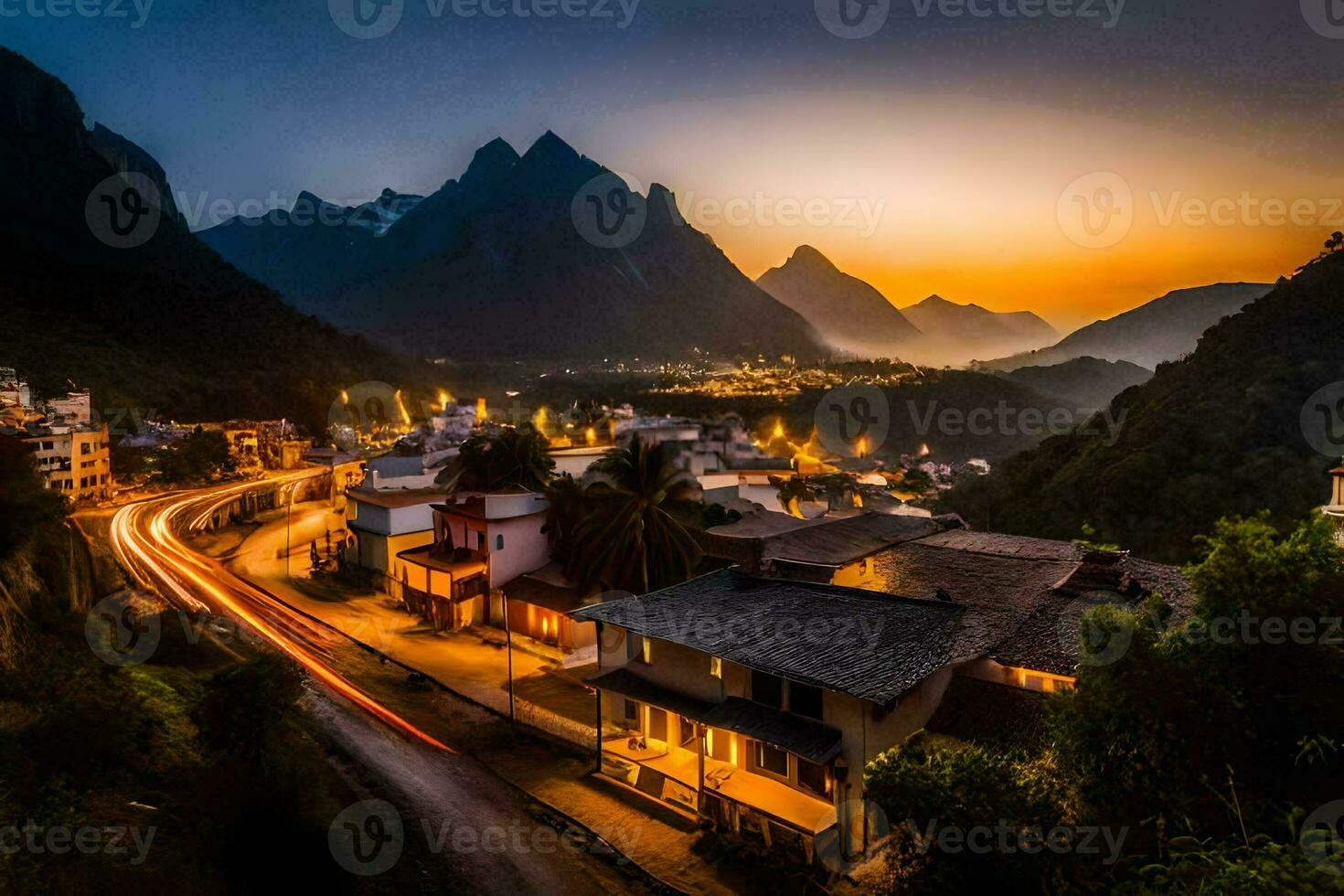 un pueblo en el montañas a puesta de sol. generado por ai foto