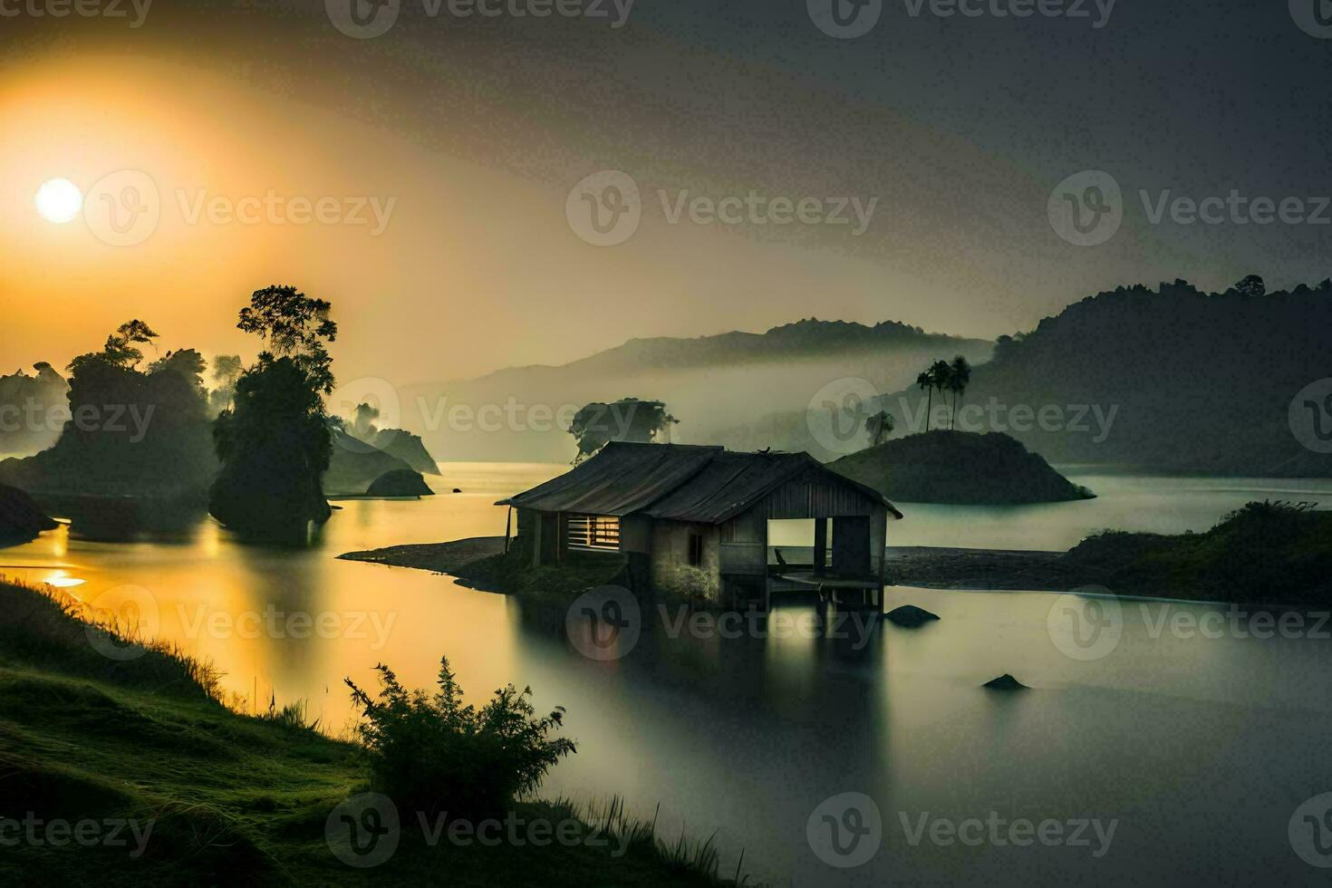 un pequeño casa se sienta en el borde de un lago a puesta de sol. generado por ai foto