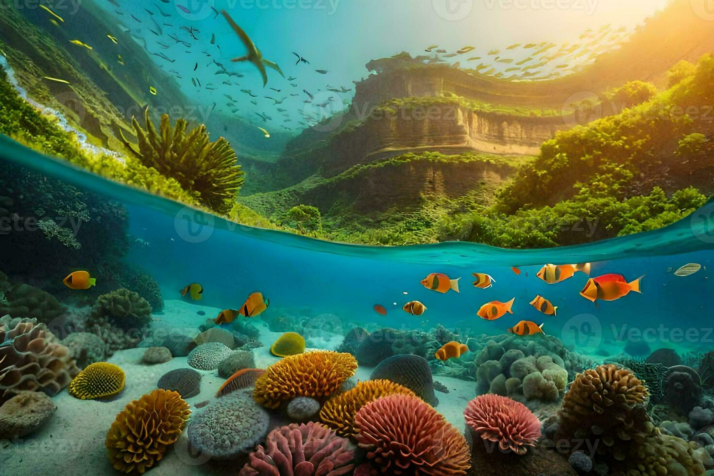 a beautiful underwater scene with coral reefs and fish. AI-Generated photo