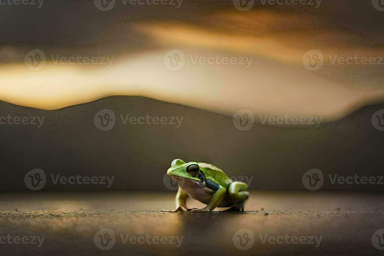 a frog sitting on the ground in front of a sunset. AI-Generated photo