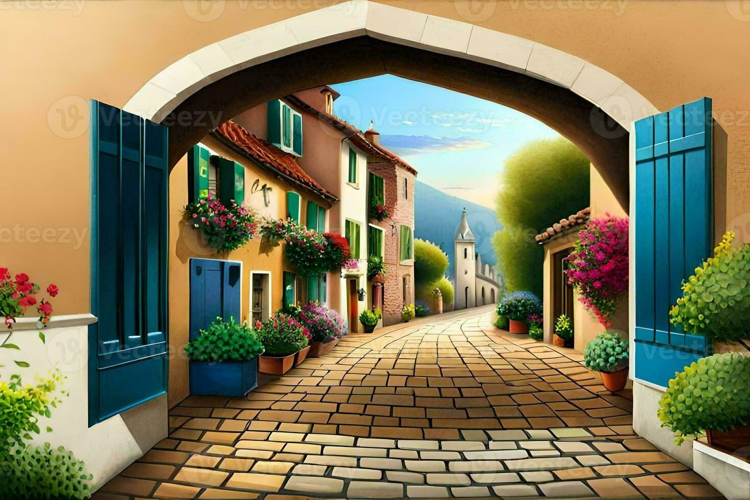 an illustration of a street with a gate and flowers. AI-Generated photo