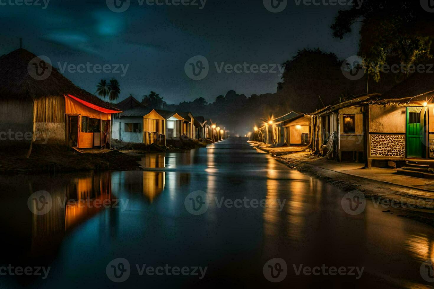 a river at night with houses and a light. AI-Generated photo