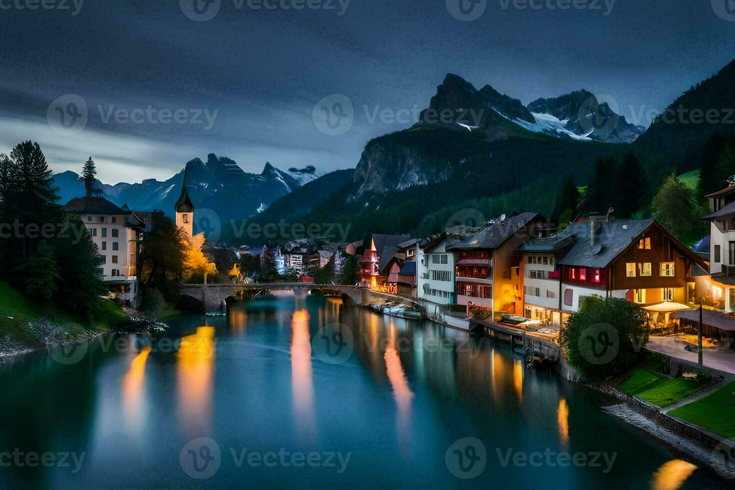 the town of switzerland is lit up at night. AI-Generated photo