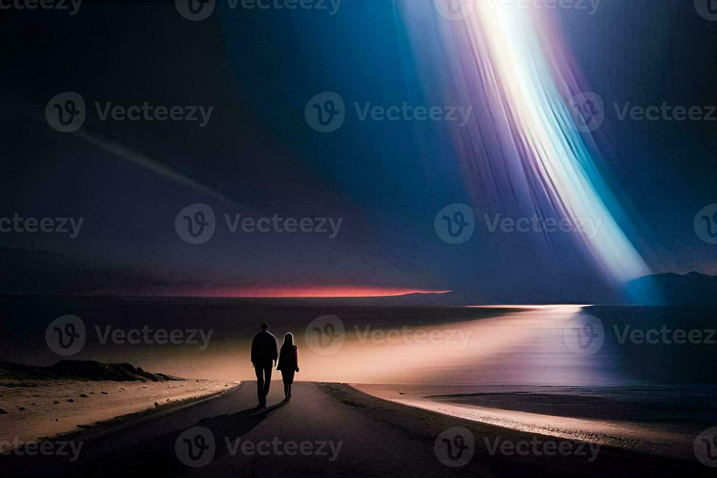 two people walking down a road at night with a bright light in the sky. AI-Generated photo