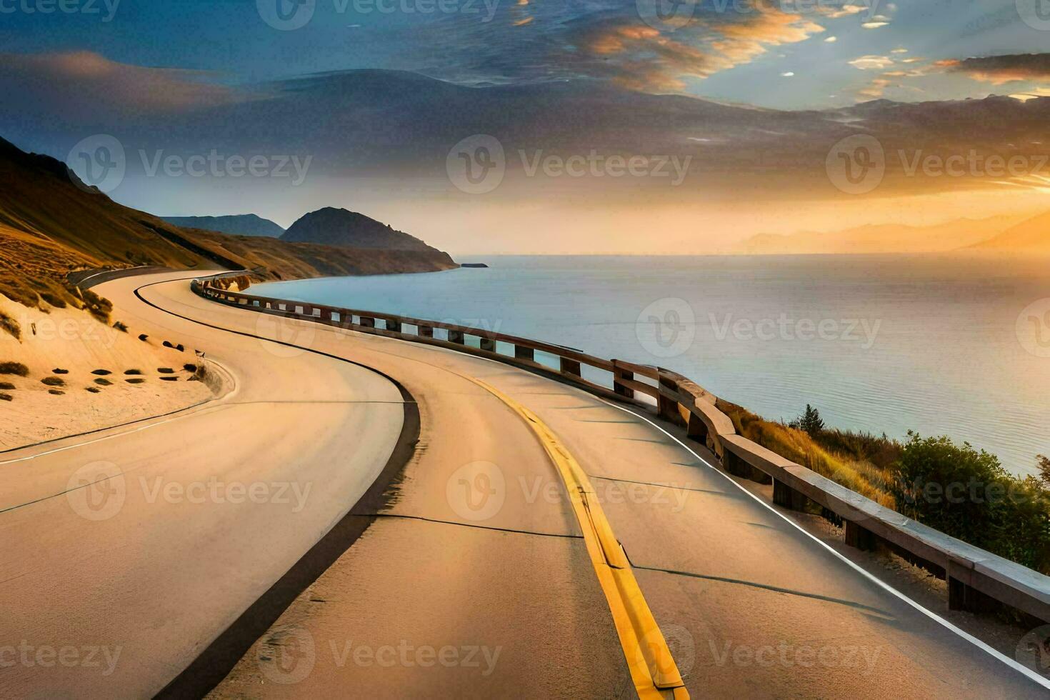 a scenic road with the sun setting over the ocean. AI-Generated photo