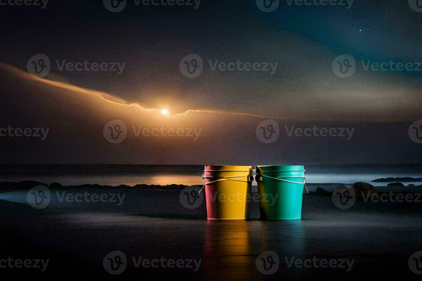 two buckets sit on the beach at night. AI-Generated photo