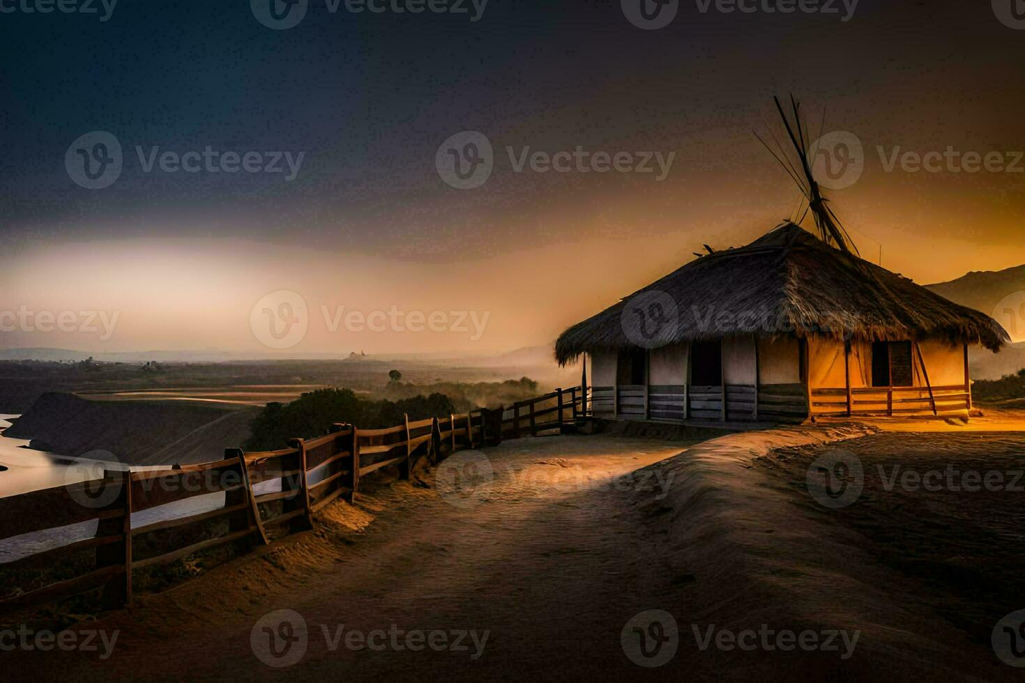 a hut sits on the side of a hill at sunset. AI-Generated photo