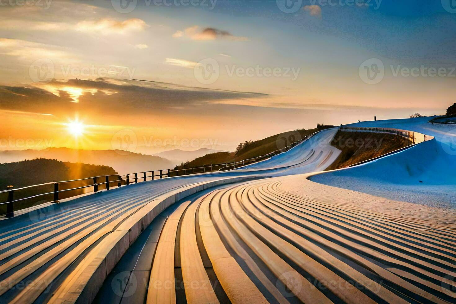 a long, curved road with snow on top. AI-Generated photo