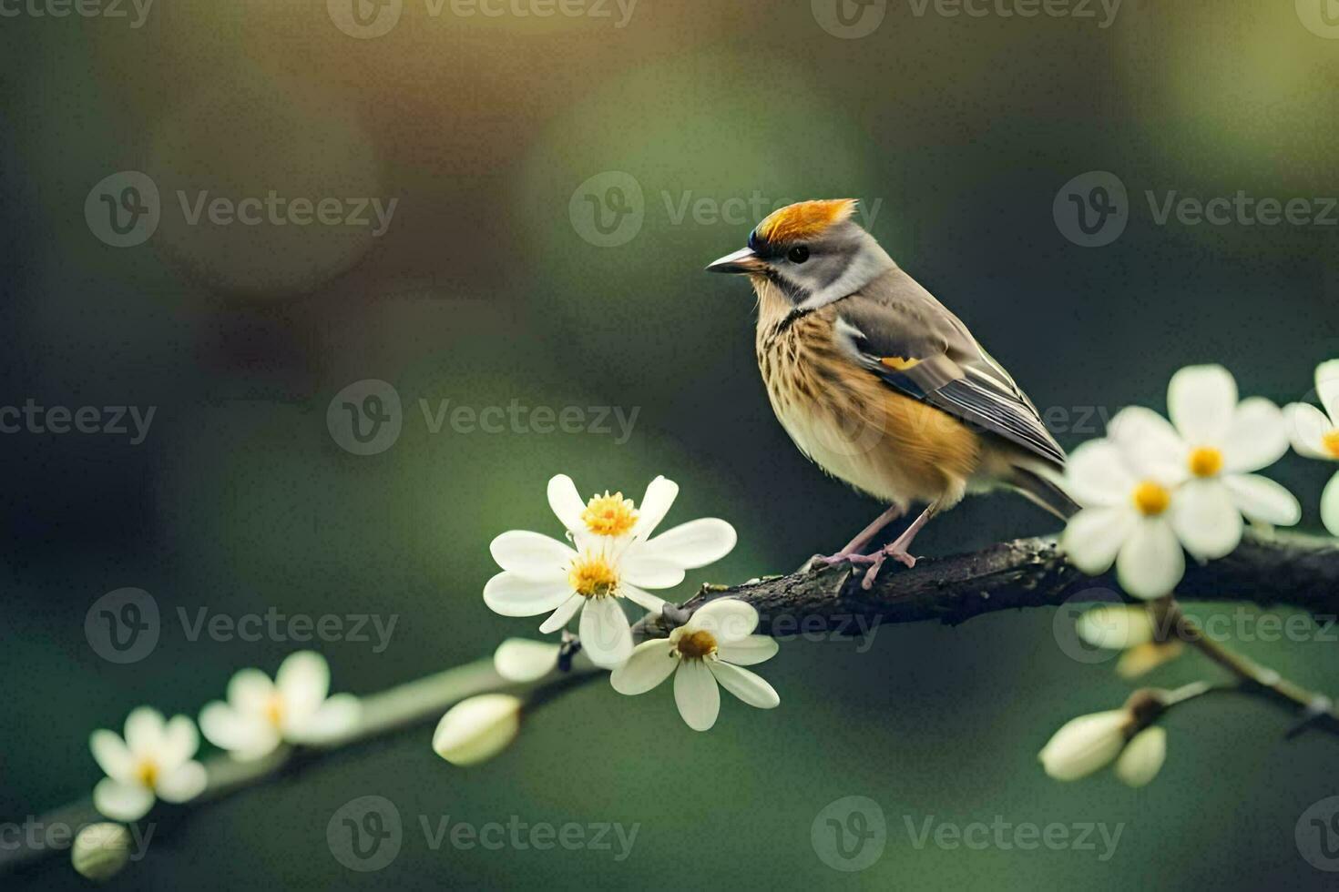 un pájaro se sienta en un rama con blanco flores generado por ai foto