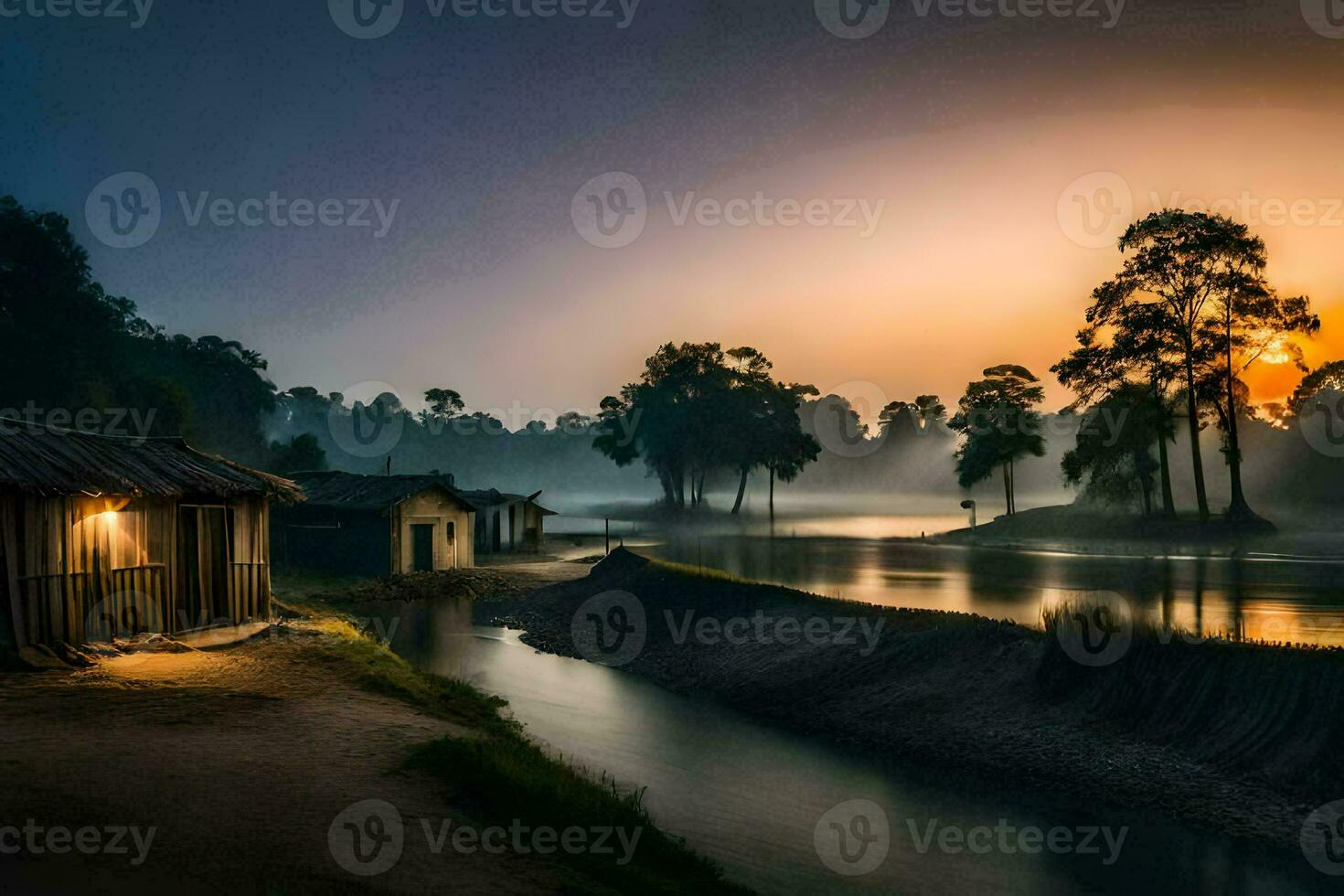 a small hut sits on the shore of a river at sunrise. AI-Generated photo