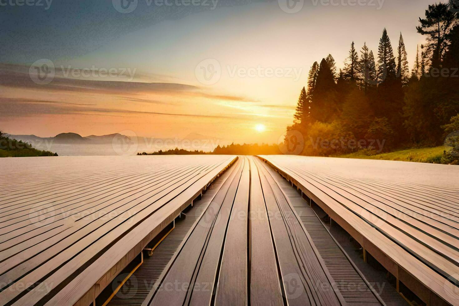 a wooden boardwalk leading to the sunset. AI-Generated photo